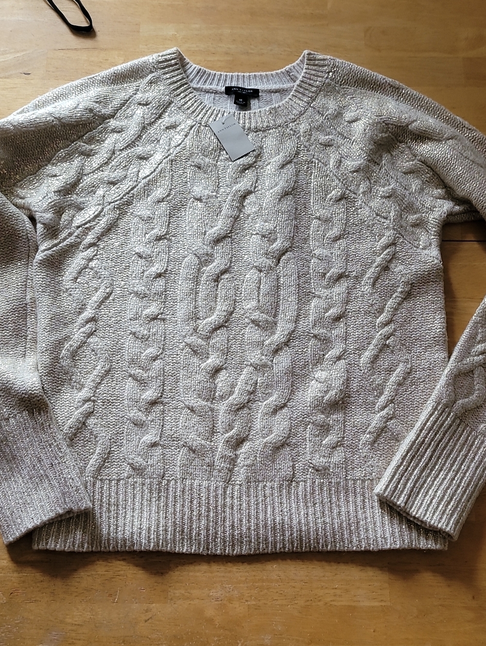 Ann Taylor LOFT Metallic Gold Wool Blend Cable Knit Crewneck Sweater - Picture 5 of 13